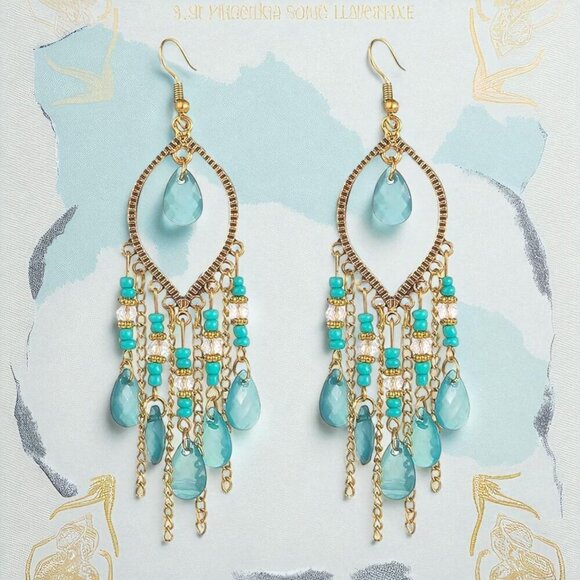 🆕Boho Chic Gold & Turquoise Festival Drop Lightweight Statement Earrings - Picture 1 of 9